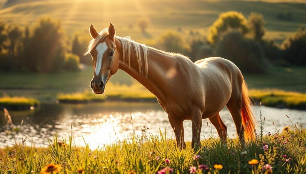 A serene meadow on a warm summer day, the sun's golden rays gently illuminating a graceful horse standing at the edge of a tranquil pond. The horse's coat glistens with a healthy sheen, its gentle eyes radiating a sense of trust and wisdom. In the foreground, lush green grass and colorful wildflowers create a welcoming atmosphere, inviting the viewer to approach and connect with the majestic creature. The scene is captured through a medium-wide lens, allowing the horse to be the focal point while providing ample context to the surrounding environment. The overall mood is one of calm, harmony, and the potential for a strong bond to form between human and horse.