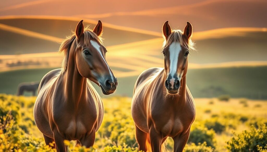 A serene pasture with rolling hills in the background, bathed in warm, golden afternoon sunlight. In the foreground, two horses stand facing each other, their gazes locked in a tranquil moment of equine communication. Subtle body language and ear positioning suggest a peaceful exchange of information between the intelligent, perceptive creatures. The scene conveys a sense of harmony and understanding between the animals, highlighting the nuanced, nonverbal ways in which horses connect and interact. Crisp, high-resolution details reveal the texture of their coats, the expression in their eyes, and the lush, verdant foliage surrounding them.