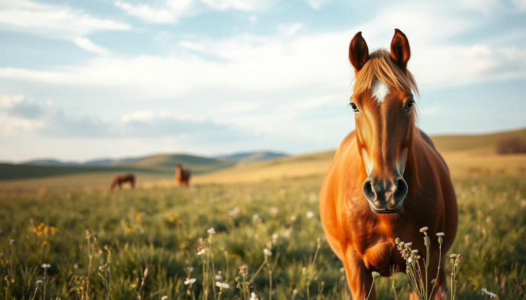 A tranquil field stretches out, dotted with lush green grass and swaying wildflowers. In the foreground, a majestic chestnut horse stands calmly, its ears perked forward in attentive curiosity. Soft, natural lighting filters through wispy clouds, casting a warm, golden glow over the scene. The horse's expressive eyes seem to invite the viewer to connect, to understand the language of these magnificent creatures. In the distance, a backdrop of rolling hills and a cloudless sky create a sense of peaceful serenity. This image captures the essence of the introduction to horse communication, inviting the viewer to embark on a journey of understanding and connection with these noble animals.