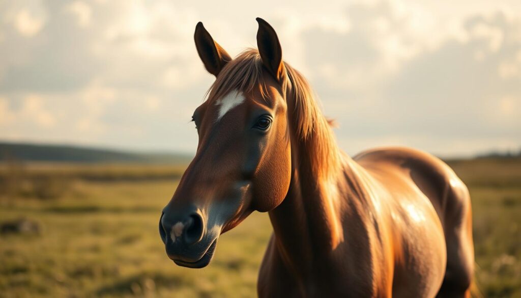 A tranquil horse standing calmly in a sunlit meadow, its eyes filled with a serene, trusting gaze. The horse's body language conveys a sense of relaxation and comfort, as it stands with its head held high, ears pricked forward, and a gentle, attentive expression. The background is a lush, verdant landscape with soft, billowing clouds in a pale blue sky, creating a calming, contemplative atmosphere. The lighting is warm and diffused, casting a golden glow over the scene and highlighting the horse's glossy coat. The composition places the horse centrally, with ample negative space around it, emphasizing the connection and communication between the horse and the viewer.