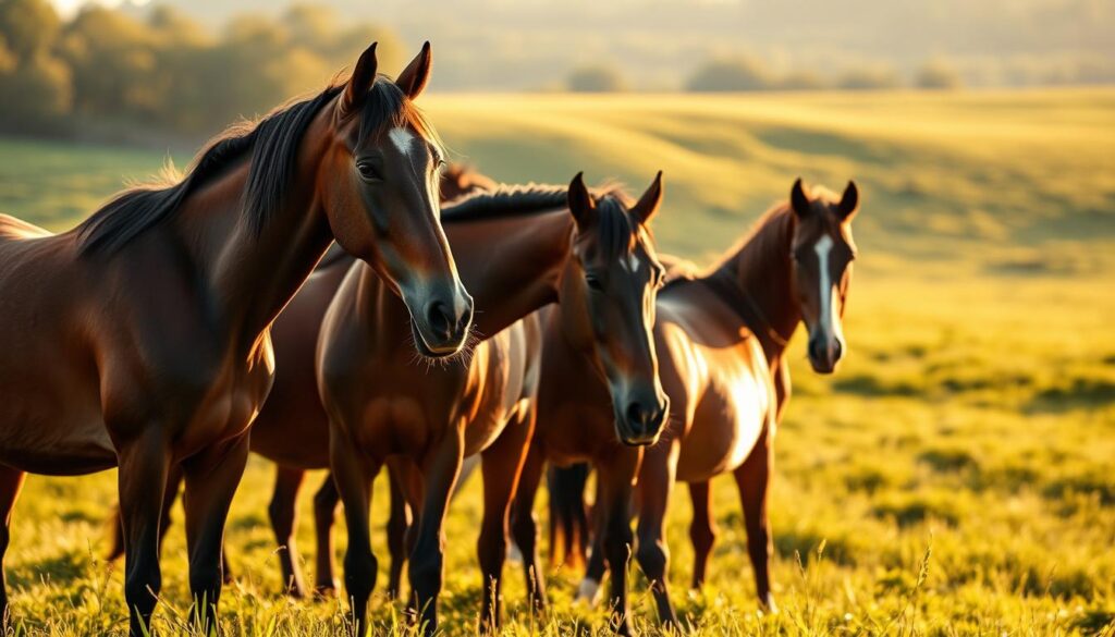 A herd of horses in a lush, rolling meadow, their heads lowered as they graze peacefully. The scene is bathed in warm, golden sunlight, casting soft shadows and highlighting the sleek, muscular bodies of the animals. In the foreground, a single horse lifts its head, its ears pricked forward, eyes alert, conveying a sense of curiosity and understanding of the world around it. The background features a gentle, tree-lined horizon, suggesting a tranquil, serene environment that allows the horses to exhibit their natural behaviors and instincts. The image captures the essence of the section "Pferdeverhalten verstehen: Biologie, Herde, Instinkte", providing a visually compelling representation of the relationship between horses and their environment.